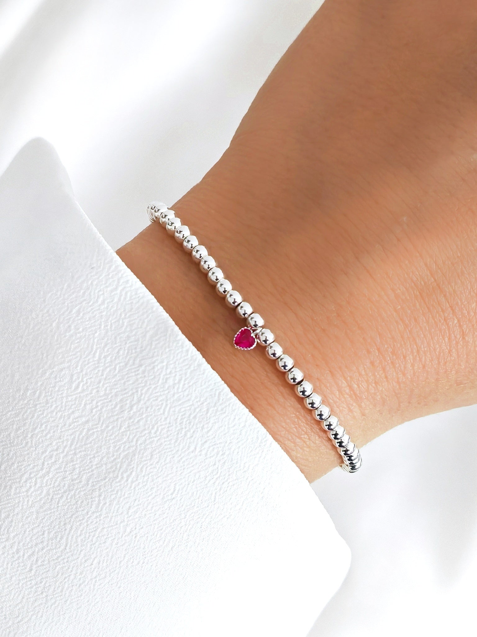 925 Echtsilber Perlenarmband in Silber mit Zirkon Herz in Pink Magenta von Lymaja