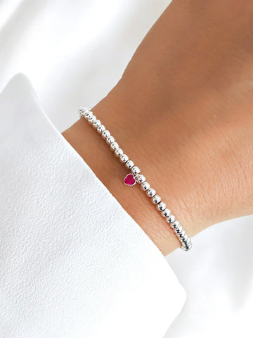 925 Silber Perlenarmband mit einem magenta Zirkon Herzanhänger von Lymaja