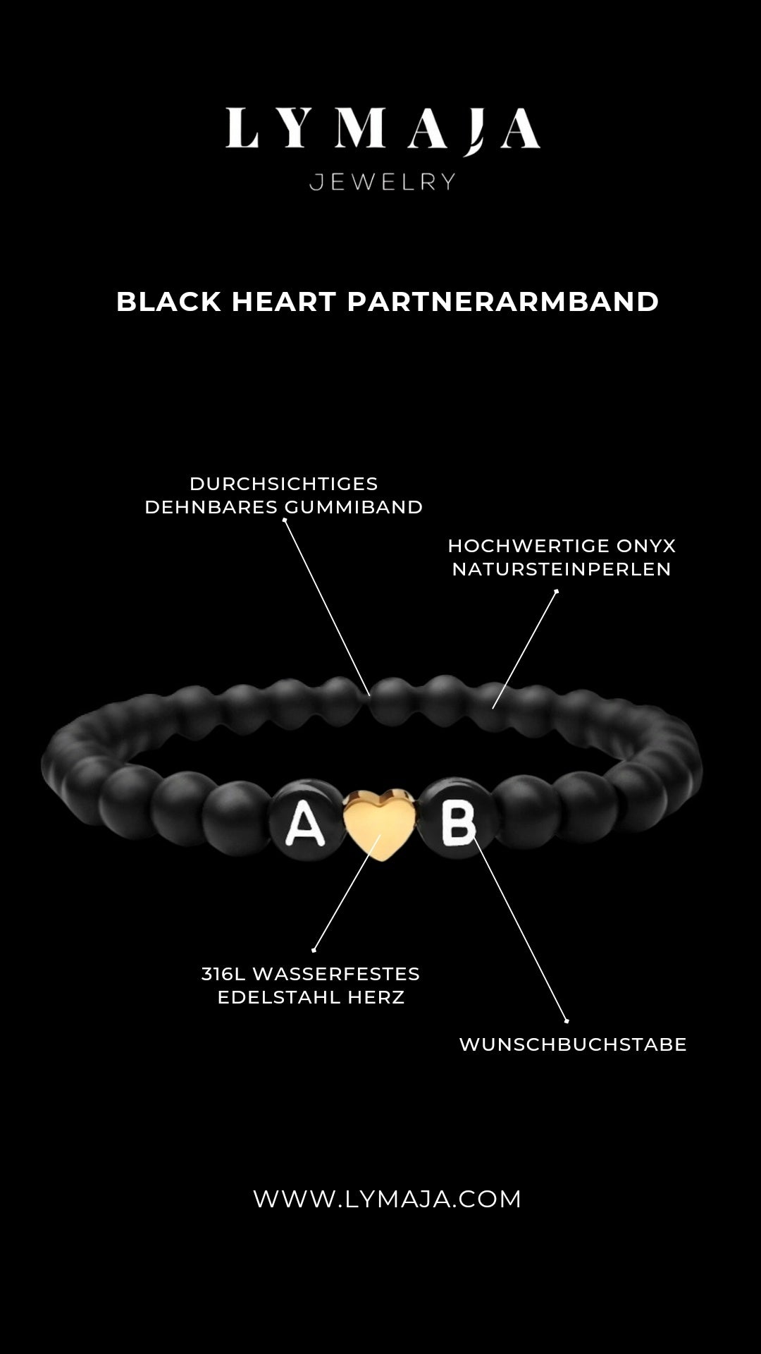 Partnerarmband schwarz mit zwei Buchstaben und einem Herz von Lymaja