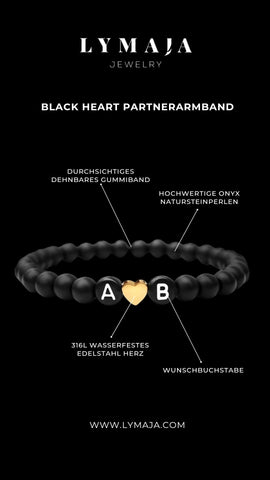 Partnerarmband schwarz mit zwei Buchstaben und einem Herz von Lymaja