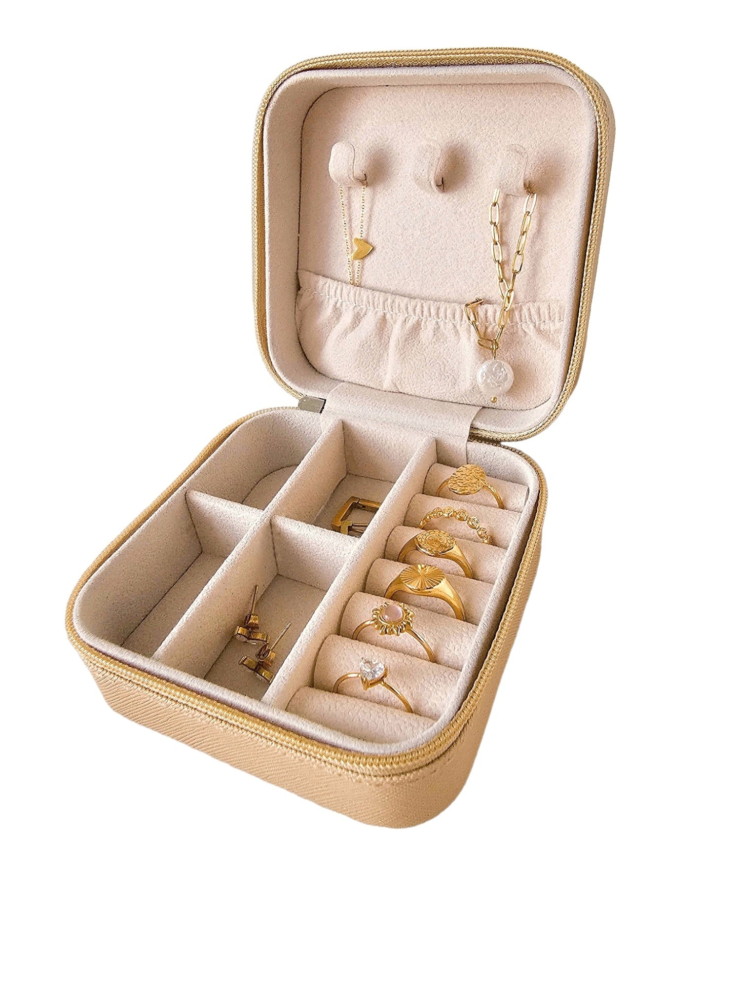 Kleines tragbares Schmuckkästchen Organizer aus PU-Leder in beige für Ringe, Armbänder und Ohrringe für Frauen und Männer von Lymaja Jewelry