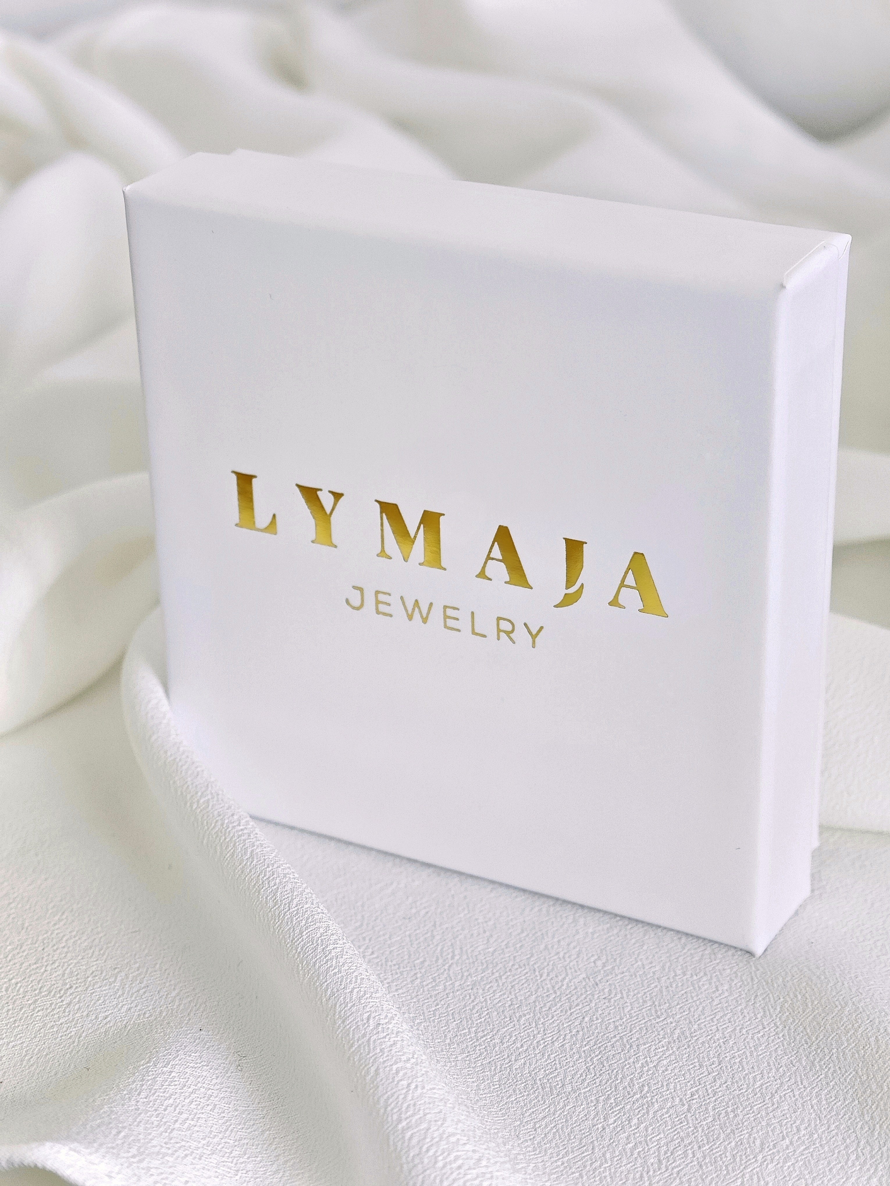 Edle Geschenkverpackung weiss gold mit Logo von Lymaja
