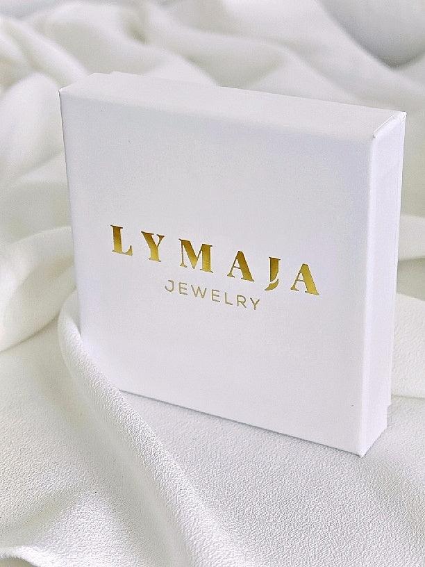 Lymaja Schmuckbox weiss mit Gold Logo für Halsketten Ohrringe und Ringe