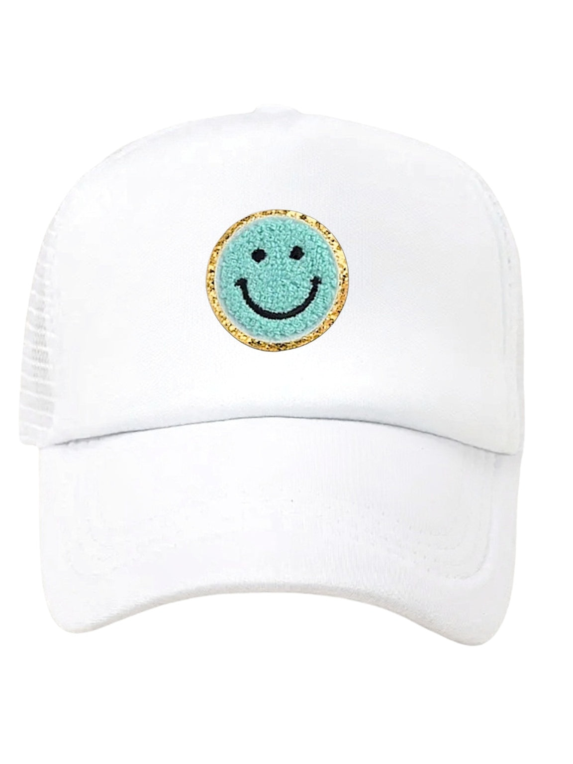 Lymaja Trucker Cap in weiss mit einem blauen Smiley