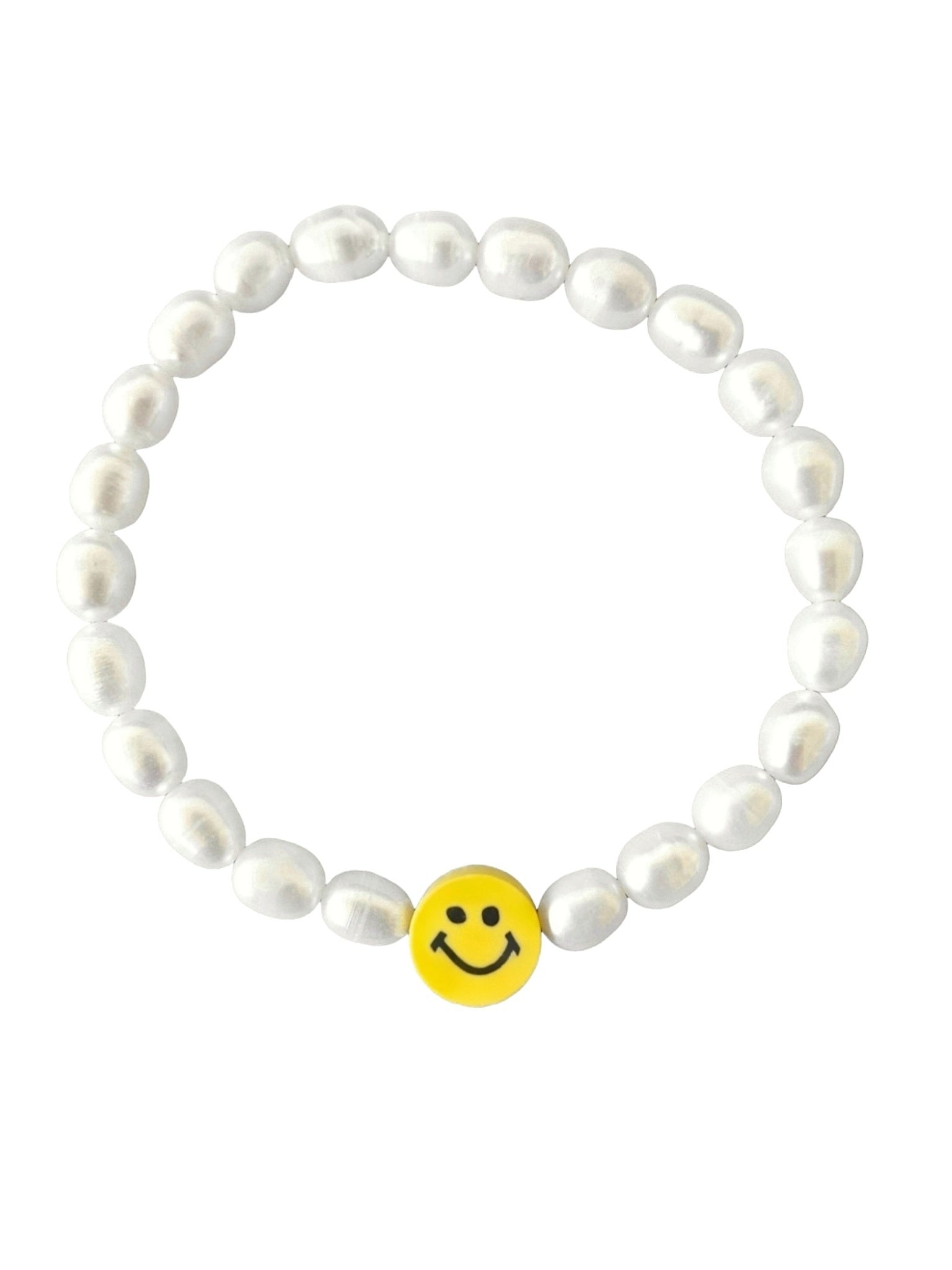 Smiley Armband mit Süßwasserperlen und einem neon gelben Silikon Smiley von Lymaja Jewelry