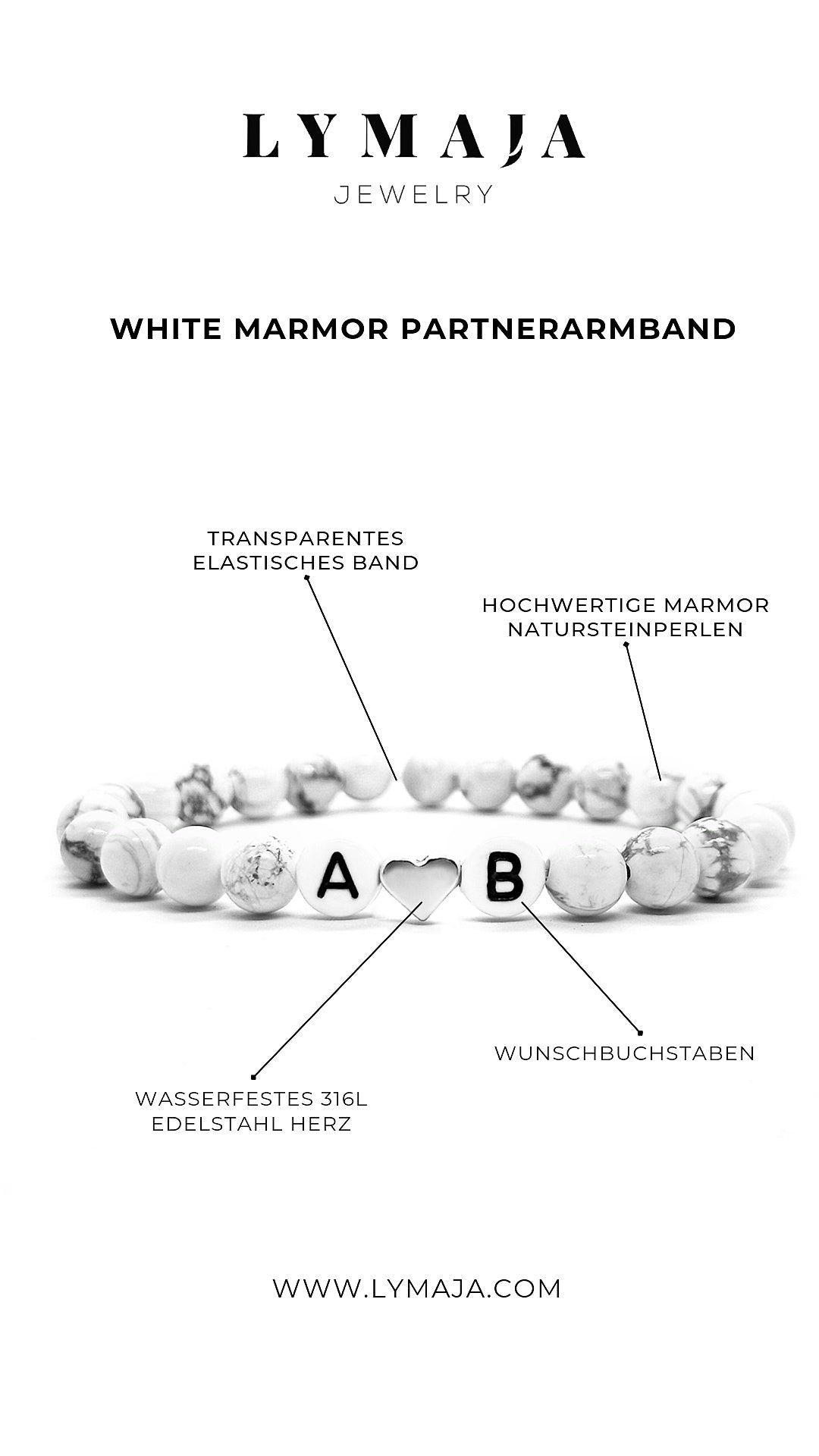 Partnerarmbänder schwarz weiß marmoriert mit Wunschbuchstabe von Lymaja