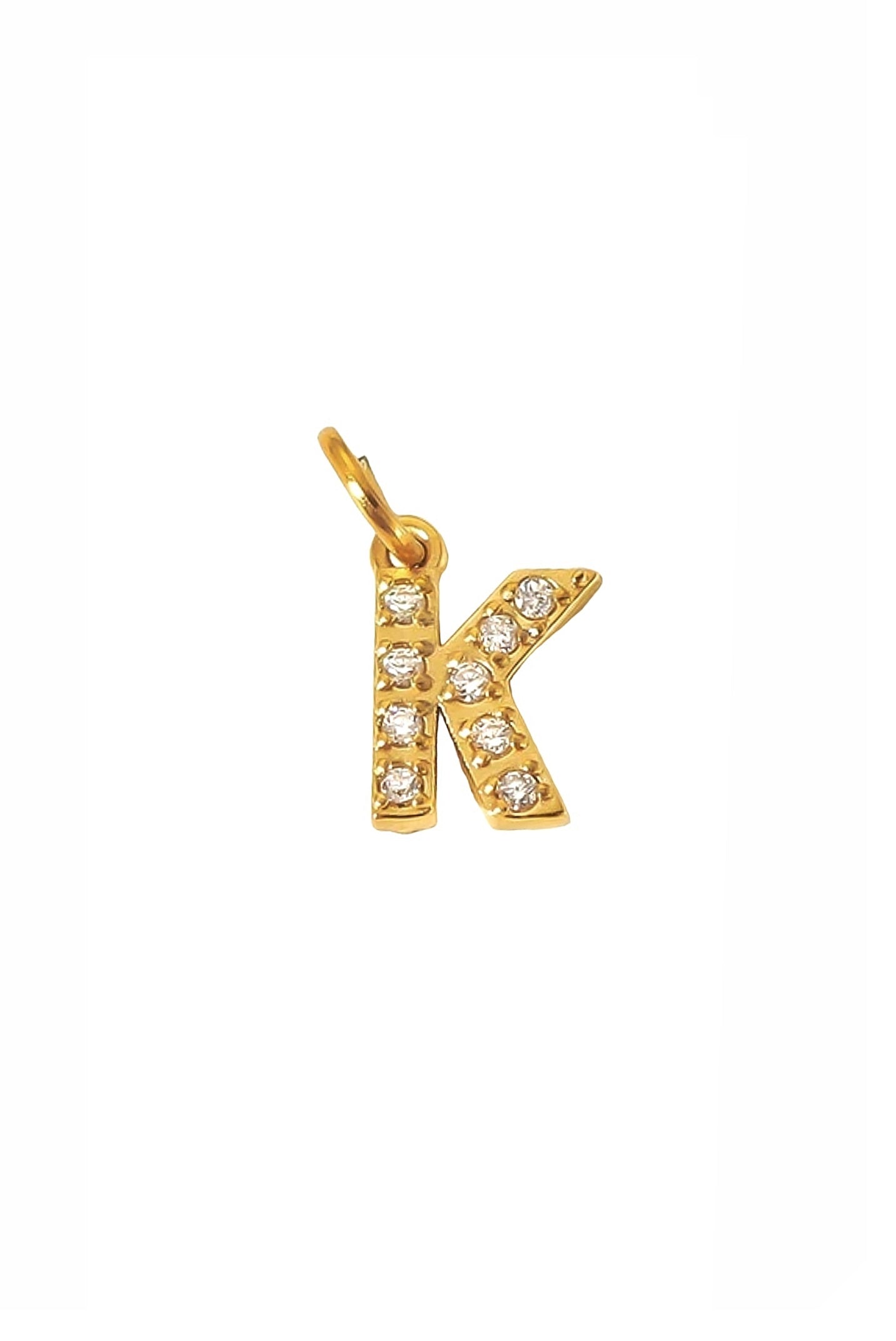 Zirkon Buchstaben Charm Anhänger mit einem K für Halsketten aus 18k Edelstahl von Lymaja Jewelry