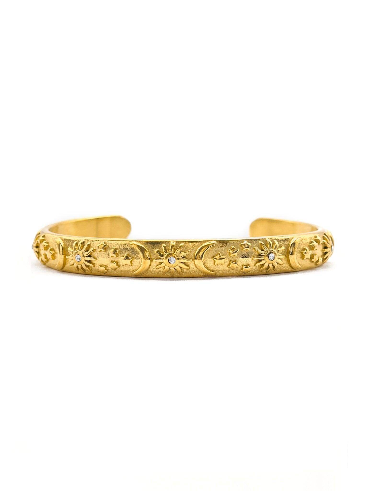 Akasha Armreif Gold mit Sonne Mond Sterne Motiv & Zirkonia aus Edelstahl – Lymaja