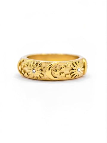 Akasha Ring mit Sonne Mond und Sterne Motiv mit kleinen Zirkon Steinen in gold aus Edelstahl - LYMAJA