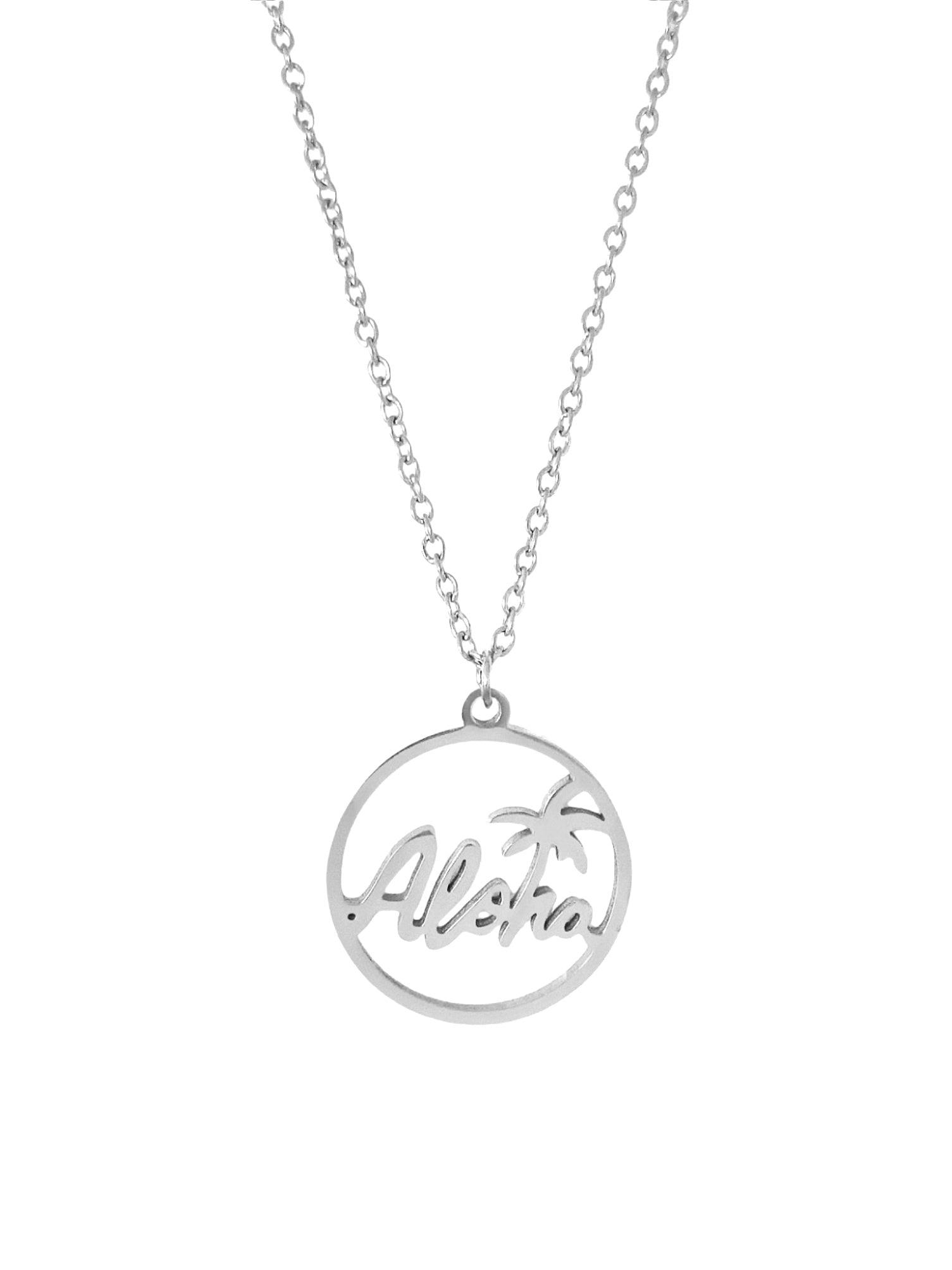 Silberne Halskette mit einem ALOHA Schriftzug und einer Palme - LYMAJA