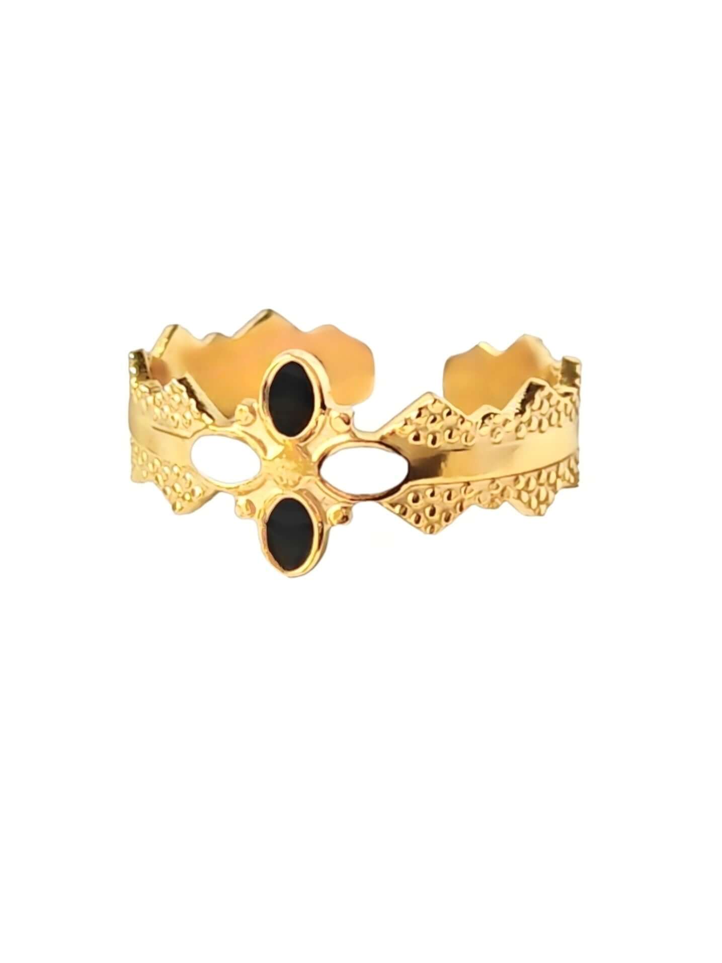 Gold Ring mit orientalischem Muster in schwarz weiss aus Edelstahl