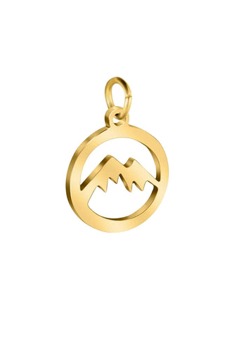 Runder Anhänger aus Edelstahl mit feinem Berg-Motiv in Gold