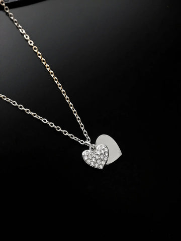 Double Heart Charm Halskette Silber, Zirkon-Pavé, 42+6 cm - LYMAJA