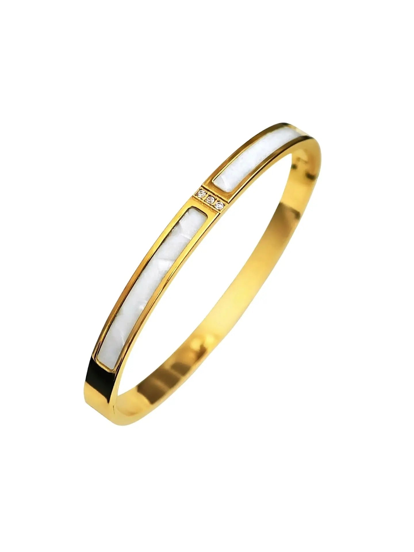 Gold Armreif mit 3 Zirkon Steinen und Perlmutt Glas