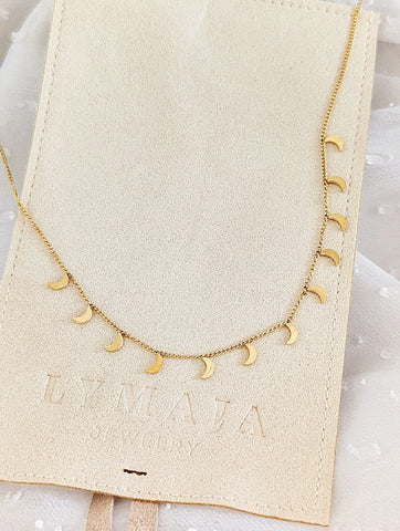 Moon Choker Halskette in Gold aus 18k vergoldetem 316L Edelstahl mit kleinen Mini Mond Anhängern