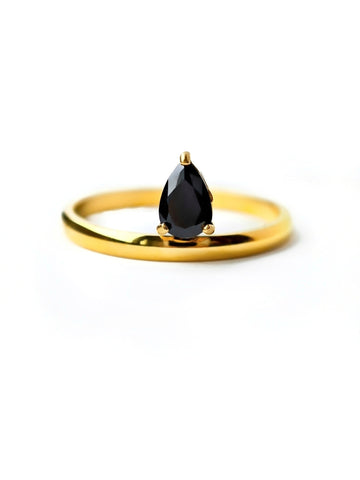 Goldring mit schwarzem Zirkon Stein in Tropfenform - Lymaja