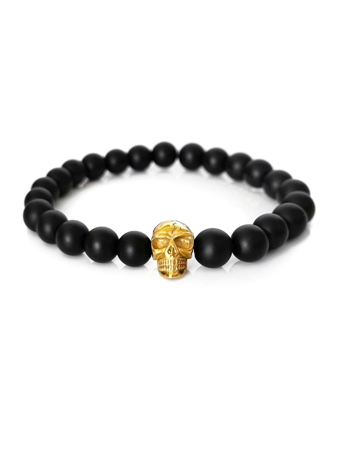 Goldener Totenkopf Perlenarmband für Männer aus schwarzen Onyx Natursteinperlen von Lymaja Jewelry 