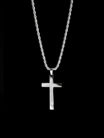 Rope Cross Halskette in silber aus Edelstahl, 60 cm, mit großem Kreuzanhänger, glänzend poliert - LYMAJA