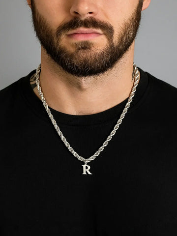 Männer Kordel Halskette silber mit Buchstaben Anhänger R - Lymaja