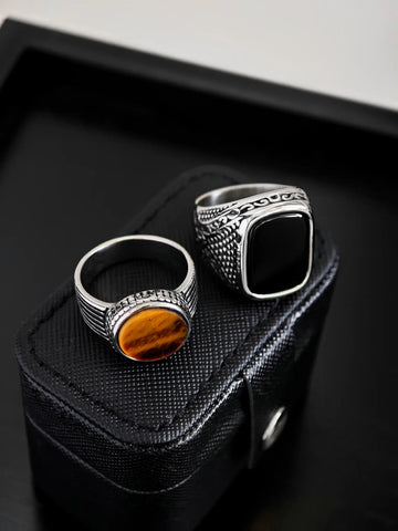 Herren Siegelringe in silber mit Tiger Auge und Onyx aus Edelstahl