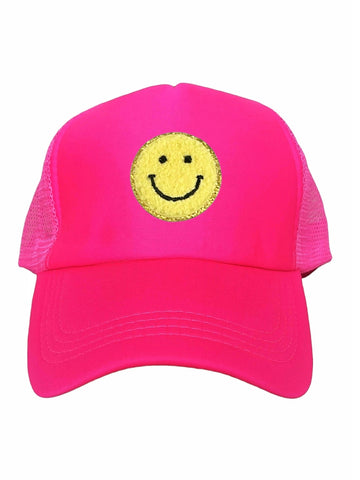 Smiley Cap Pink – Trucker Cap für Damen, mit Glitzer-Smileys in Gelb individualisierbar - LYMAJA