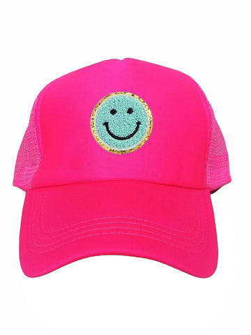 Smiley Cap Pink – Trucker Cap für Damen, mit Glitzer-Smileys in Blau individualisierbar - LYMAJA