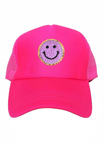 Smiley Cap Pink – Trucker Cap für Damen, mit Glitzer-Smileys in Lila individualisierbar - LYMAJA