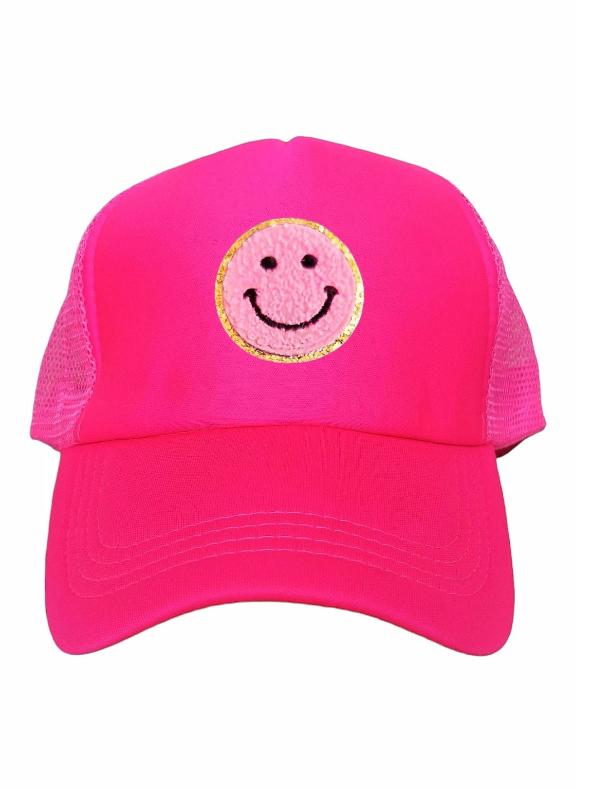 Smiley Cap Pink – Trucker Cap für Damen, mit Glitzer-Smileys in Blau, Gelb, Rosa und Lila individualisierbar - LYMAJA