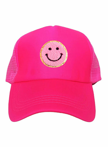 Smiley Cap Pink – Trucker Cap für Damen, mit Glitzer-Smileys in Blau, Gelb, Rosa und Lila individualisierbar - LYMAJA