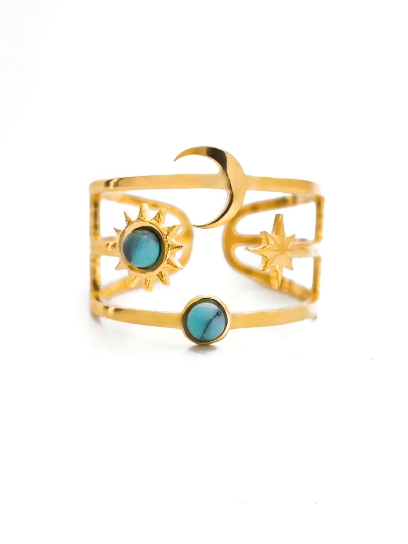 Verstellbarer Mond Sonne und Sterne Ring in gold mit türkis blauem Stein von LYMAJA