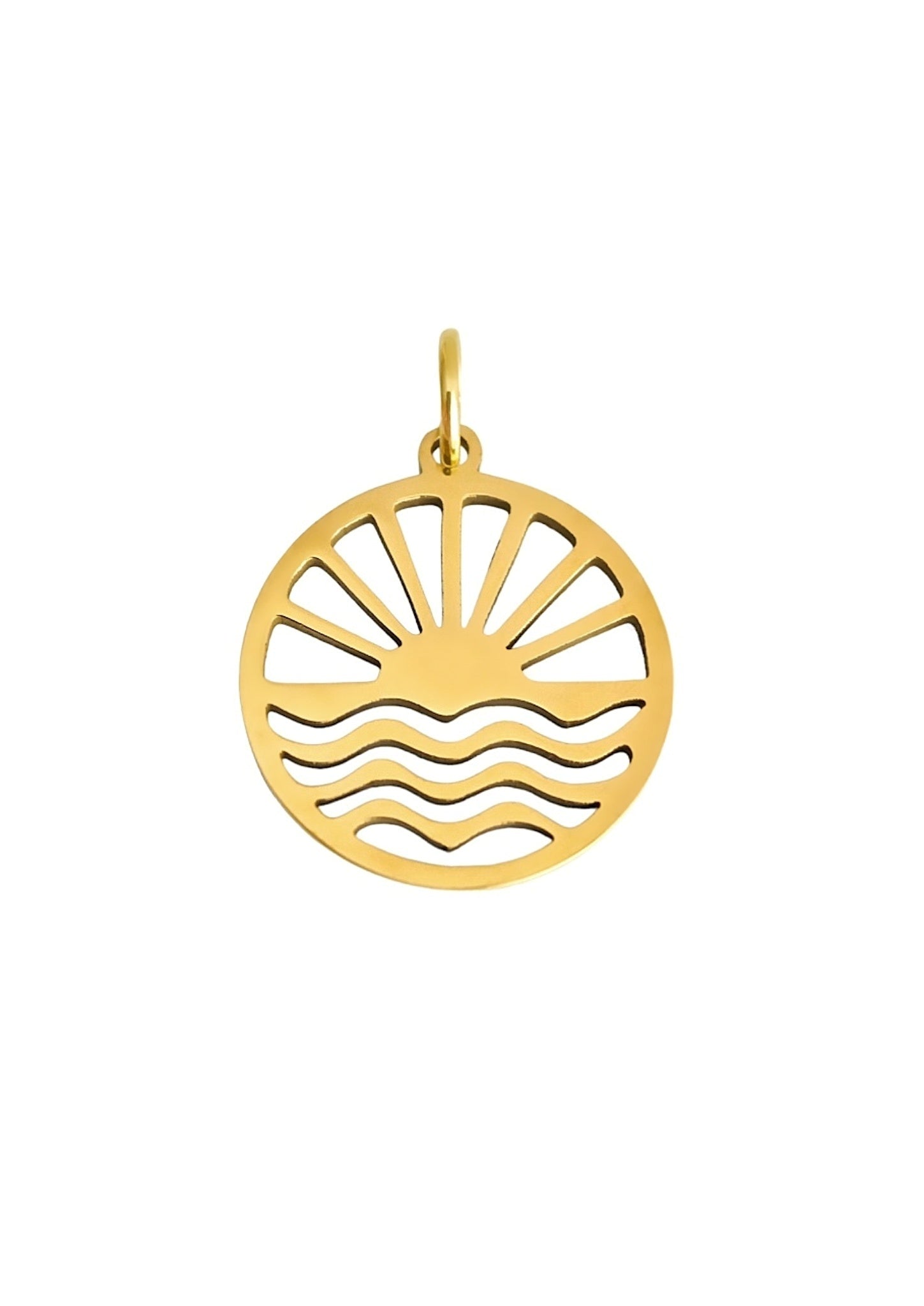 Sun Waves Charm aus Edelstahl in Gold mit graviertem Sonnen- und Wellenmotiv, 20x15 mm, glänzend poliert - LYMAJA