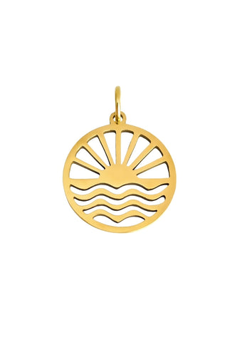 Sun Waves Charm aus Edelstahl in Gold mit graviertem Sonnen- und Wellenmotiv, 20x15 mm, glänzend poliert - LYMAJA