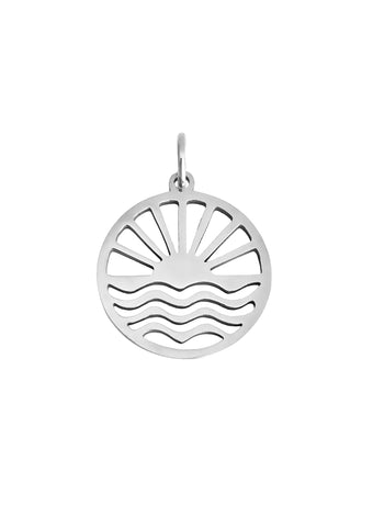 Sun Waves Charm aus Edelstahl in Silber mit graviertem Sonnen- und Wellenmotiv, 20x15 mm, glänzend poliert - LYMAJA