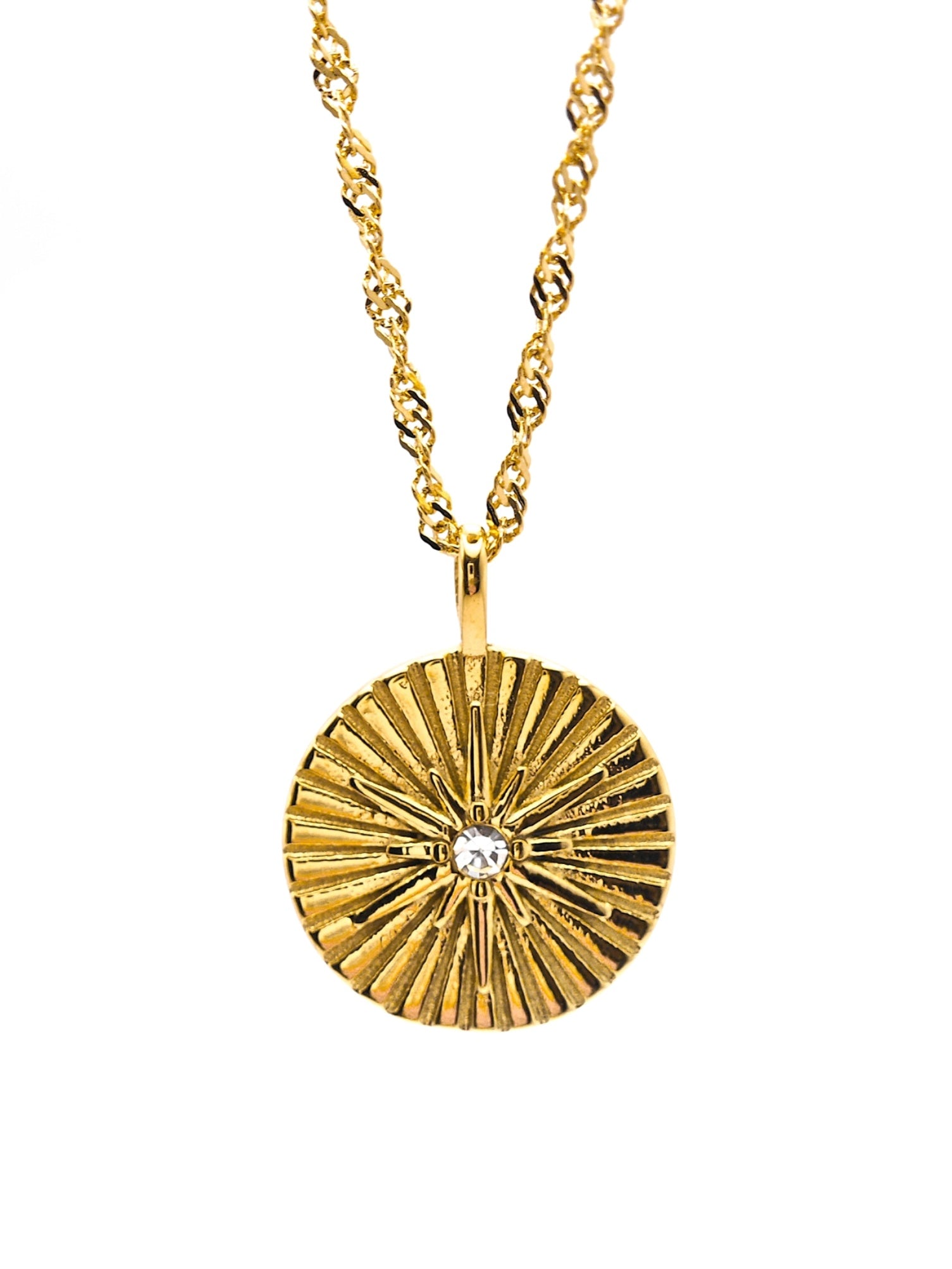Goldene Edelstahl Halskette mit einem Sonnen Anhänger und Zirkon-Stein in der Mitte